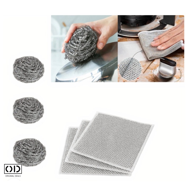 Set 3 Lavete si 3 Bureti de Vase pentru Spalat si Curatat Vasele, Gri, 20 x 20 cm, ORIGINAL DEALS