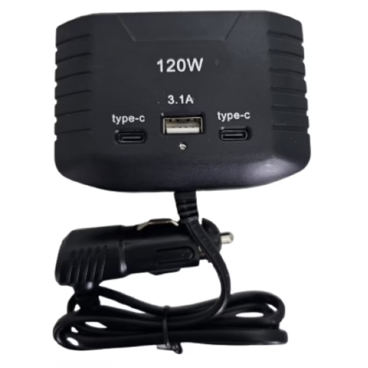 120 W-os szivargyújtós autós töltő 3 USB porttal