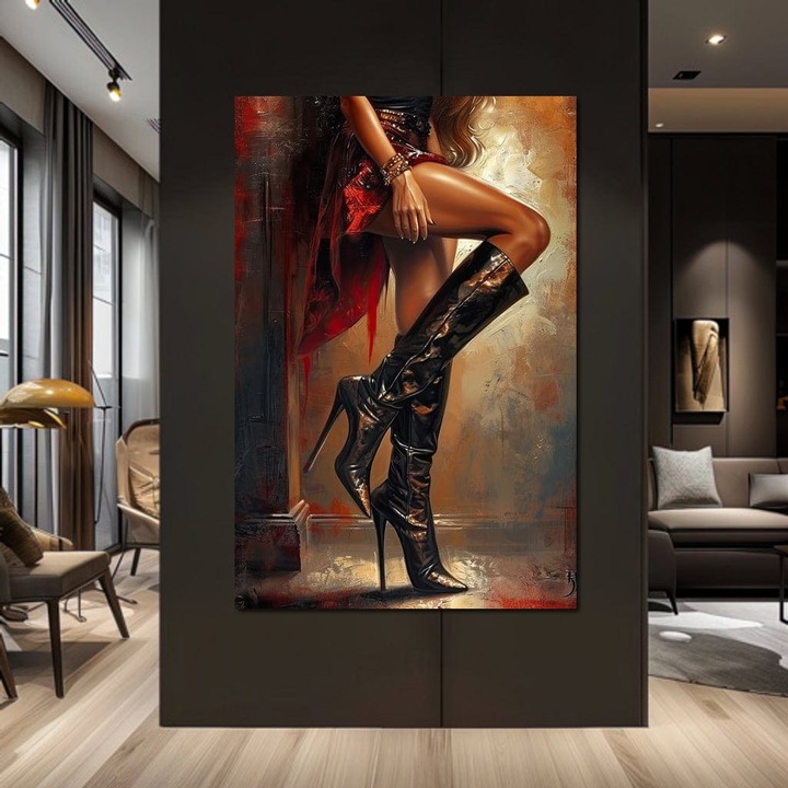 Премиум картина върху платно, LuxCanva® G1193, Attitude on Heels, 40 X 60 CM, 100% памучно платно 400g/m2, Шаси, Дърво, Ботуши, Рокля, Червено, Чувственост, Провокативно, Нощно, Гланц, Съблазняване, Крака, Тяло, Мода, Офис, Хол, Спалня