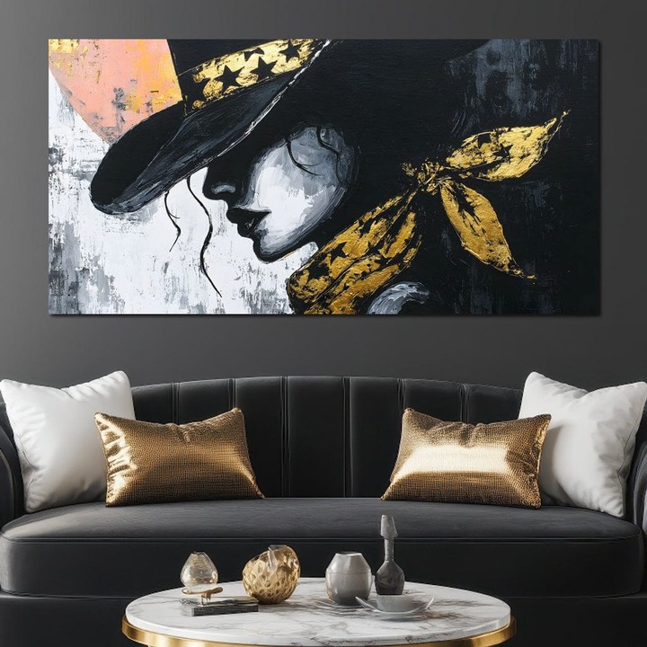 Премиум картина върху платно, LuxCanva® G1194, Жена със звездна шапка, 75 X 135 СМ, 100% памучно платно 400 г/м2, рамка, дърво, злато, черно, енигма, звезди, блясък, уестърн, шал, бездна, ехо, ноктюрно, красота, офис, хол, спалня