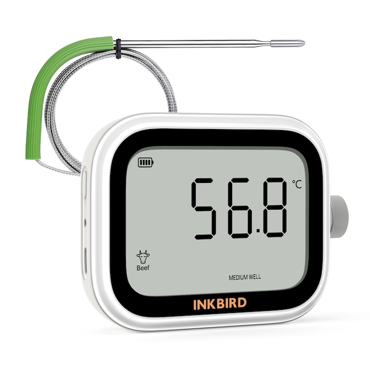 Termometru digital pentru carne cu timer Pomodoro, INKBIRD IKT-031, 6 tipuri de carne, alarma, reincarcabil, alb, 12x3cm