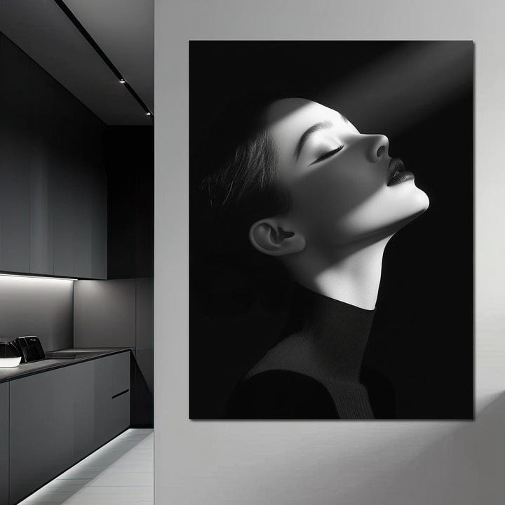 Премиум картина върху платно, LuxCanva® G1195, Божествена светлина, 100 X 135 CM, 100% памучно платно 400g/m2, рамка, дърво, дъх, лъч, тишина, жена, съзерцание, бяло, черно, вечно, грация, светлина, желание, Божествено, офис, хол, спалня