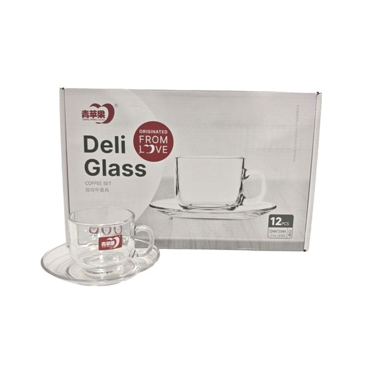 Set 6 Cani din Sticla cu Farfurioare, design minimalist, 80x134mm