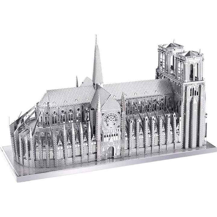 Метален 3D пъзел, OEMG®, Модел на катедралата Нотр Дам, 114 части, подходящ за деца и възрастни, Сребрист