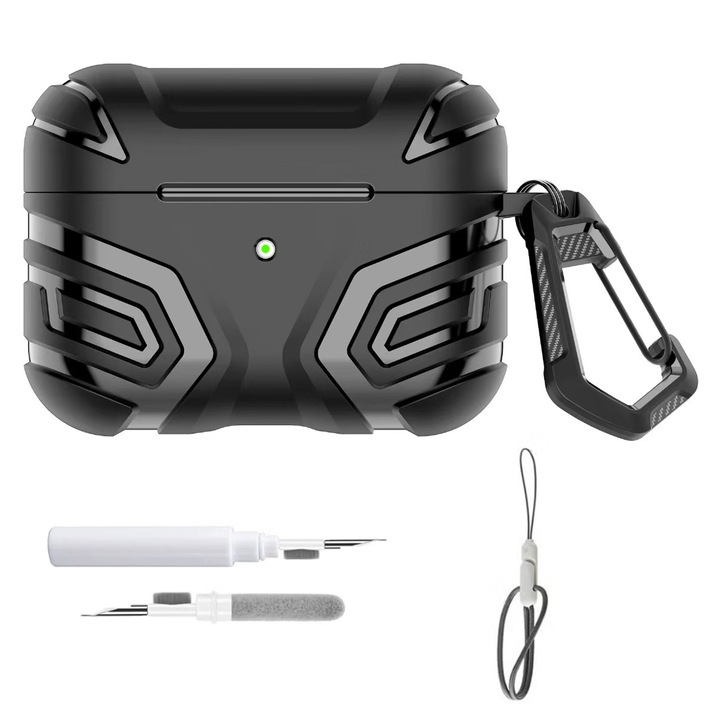 Carcasa de protectie pentru AirPods 4, silicon, negru, design ultra subtire, inclusiv breloc si pena de curatare