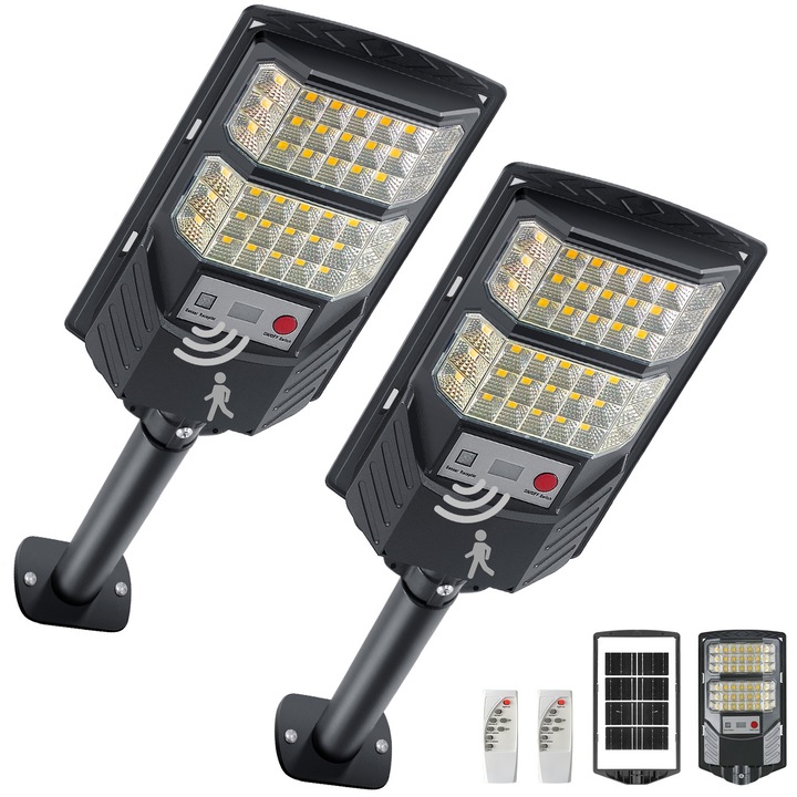 Lampi solare Koopao, 200W, lumina galbena calda 3000K, impermeabile, set de 2, senzor de miscare, IP65