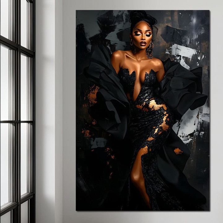 Премиум картина върху платно, LuxCanva® G1196, Regina Couture, 100 X 150 CM, 100% памучно платно 400g/m2, рамка, дърво, елегантност, пламък, черно, рокля, нощ, танц, кадифе, нажеженост, митология, бездна, грация, мода, офис, хол, спалня