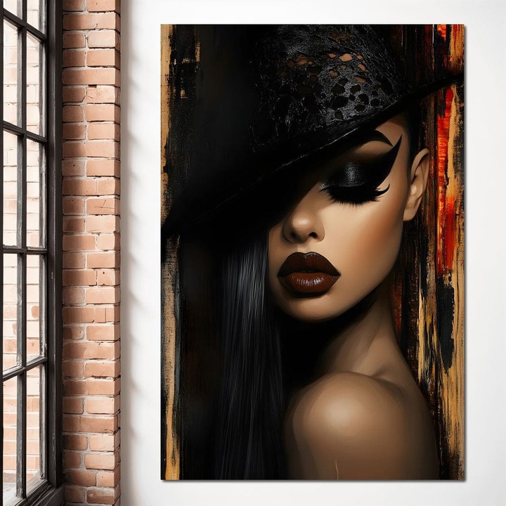 Премиум картина върху платно, LuxCanva® G1197, Фатална жена, 70 X 100 см, 100% памучно платно 400 г/м2, рамка, дърво, блясък, мрак, мистерия, визуален, съблазняване, женственост, сенки, театрален, сила, изтънченост, филм, аура, офис, хол, спалня