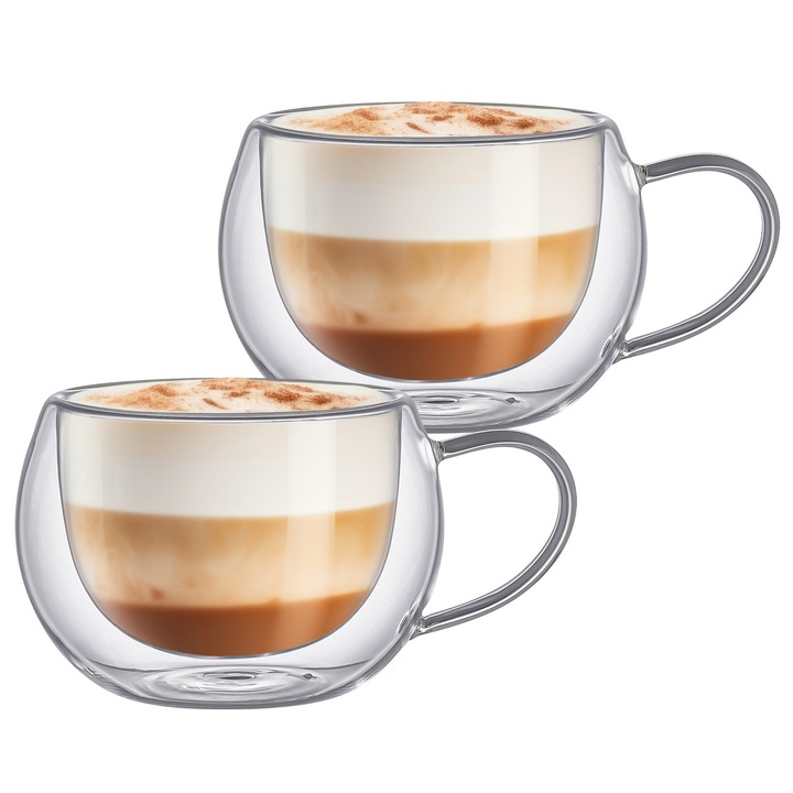 Set 2 cani termice Aqualogis Sophia pentru cafea Latte, Lungo, 270 ml, sticla borosilicata dubla perete, mentin temperatura, design elegant, rezistente la caldura si zgarieturi