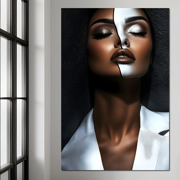 Премиум картина върху платно, LuxCanva® G1199, Между два свята, 100 X 150 см, 100% памучно платно 400 г/м2, рамка, дърво, хармония, прекъсване, линия, съдба, двойственост, лице, разделено, пукнатина, линии, метафора, баланс, бяло, черно, офис, хол, спалня