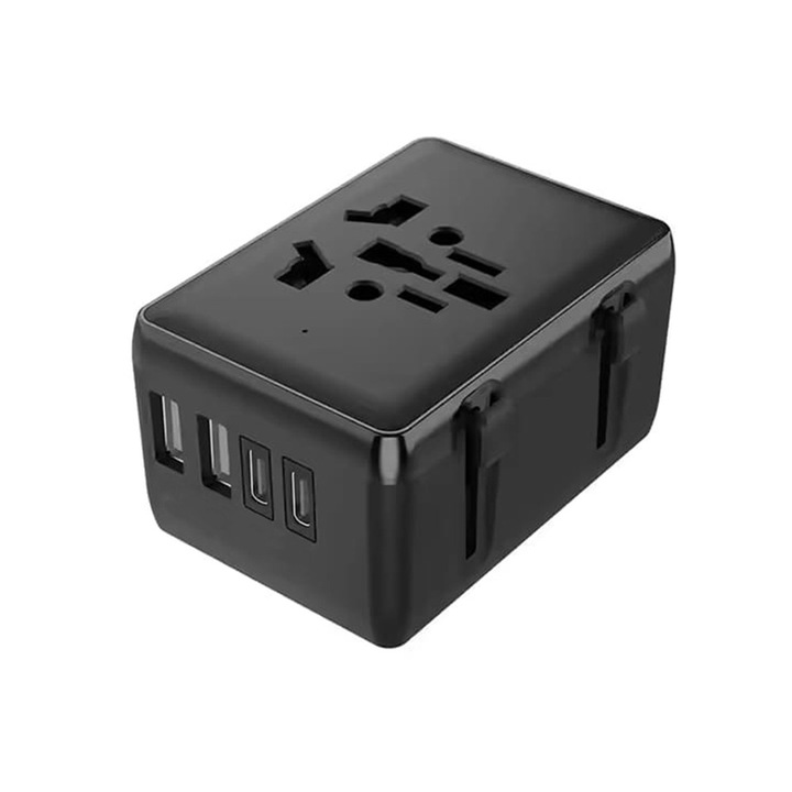 Adaptor pentru Priza PD20W, 2 x USB, 2 x Type-C, EU, UK, AUS, US, D41, Policarbonat, Techsuit HHT203A, D41, Policarbonat, Black