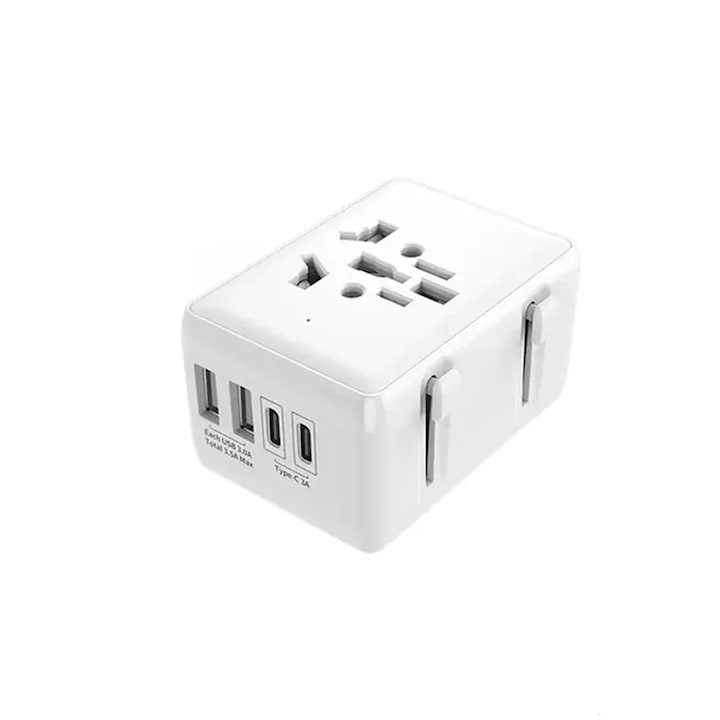 Adaptor pentru Priza PD20W, 2 x USB, 2 x Type-C, EU, UK, AUS, US, D50, Policarbonat, Techsuit HHT203A, D50, Policarbonat, White