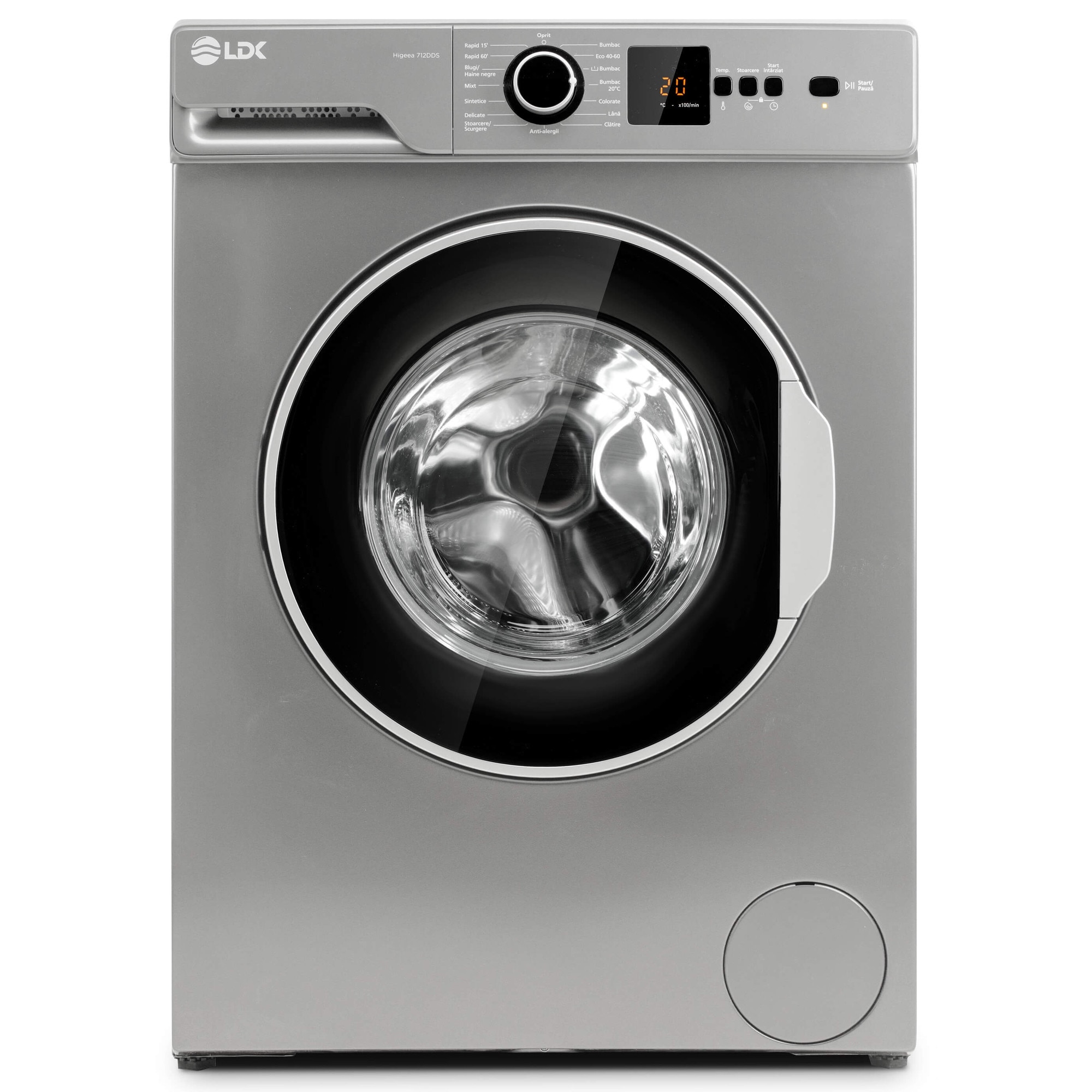 Masina de spalat rufe LDK Higeea 712DDS, 7 Kg, Clasa D, 1200 rpm, 15 programe, Anti-Alergic, Amanare pornire, Display LED, Argintiu