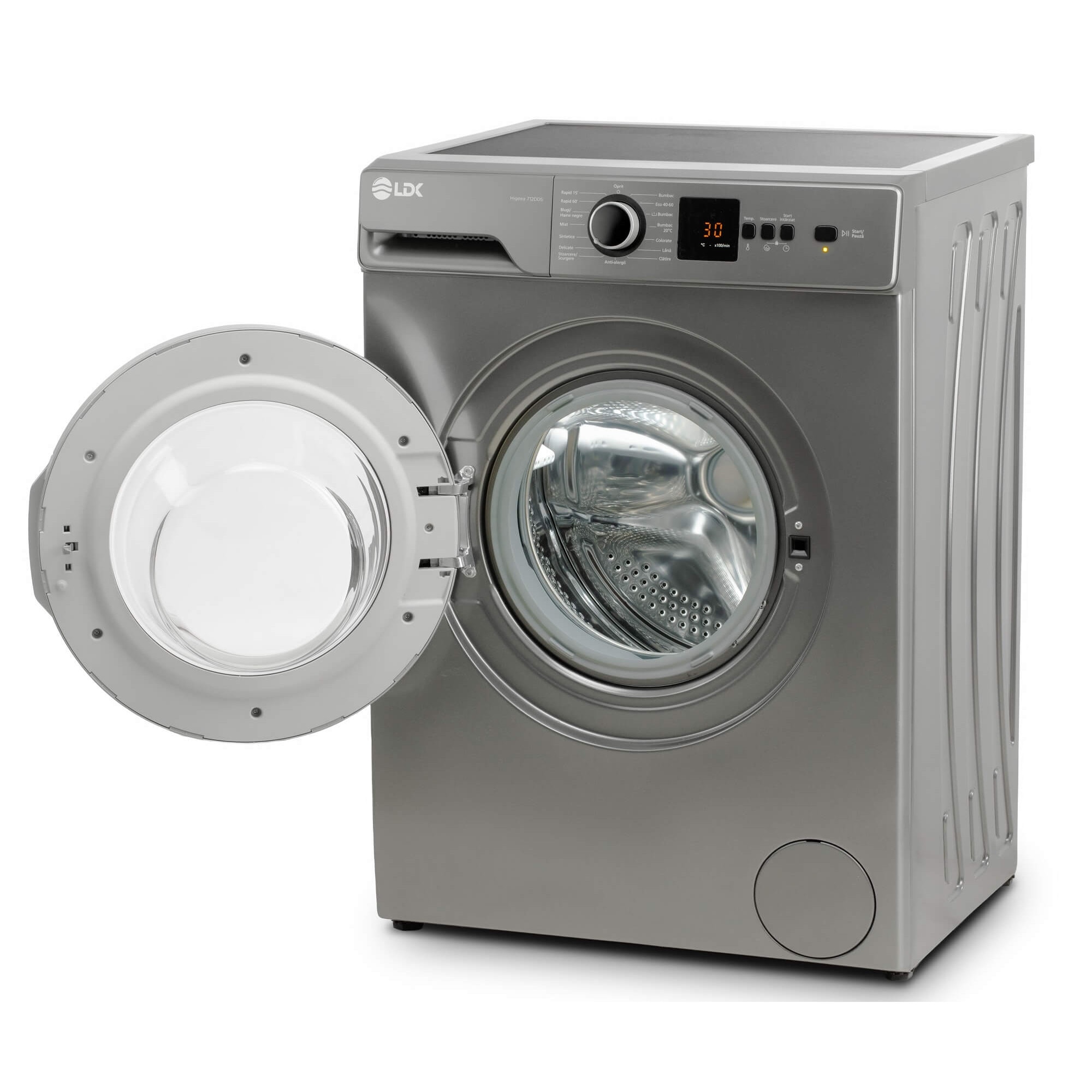 Masina de spalat rufe LDK Higeea 712DDS, 7 Kg, Clasa D, 1200 rpm, 15 programe, Anti-Alergic, Amanare pornire, Display LED, Argintiu