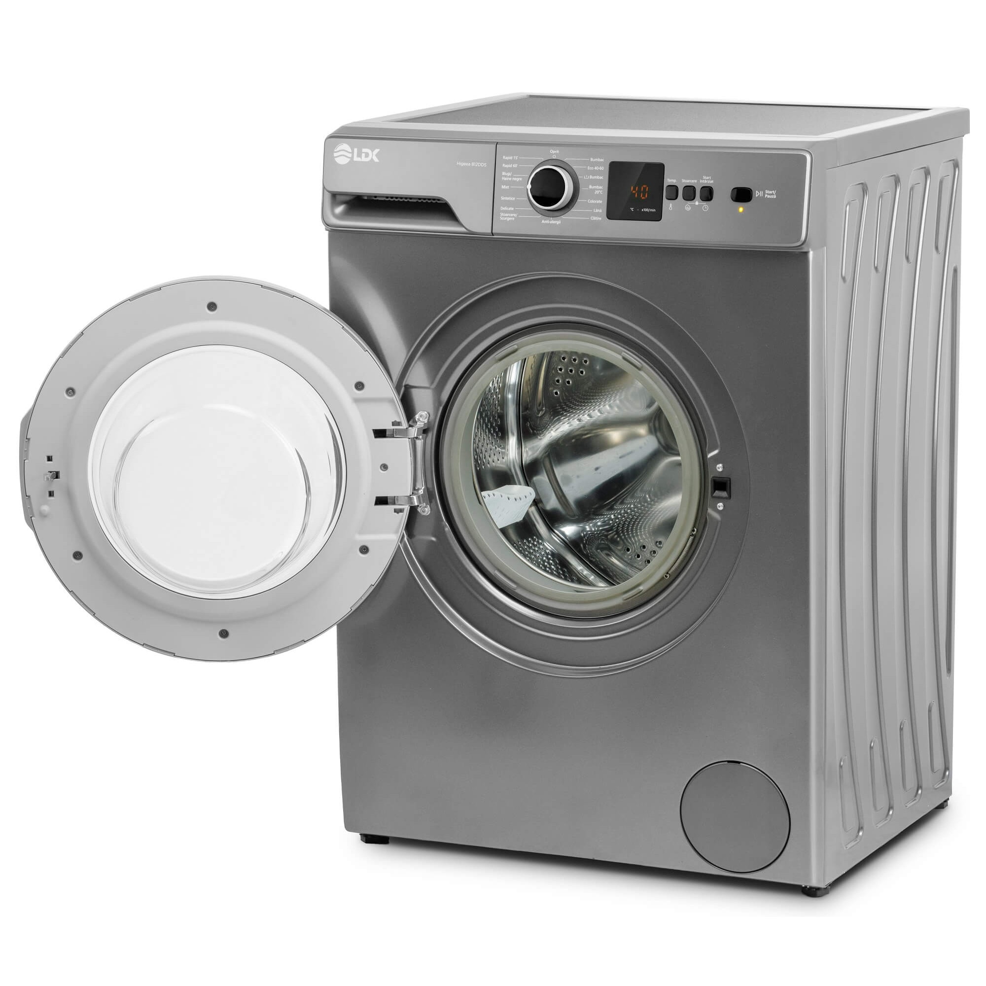Masina de spalat rufe LDK Higeea 812DDS, 8 Kg, Clasa D, 1200 rpm, 15 programe, Anti-Alergic, Amanare pornire, Display LED, Argintiu