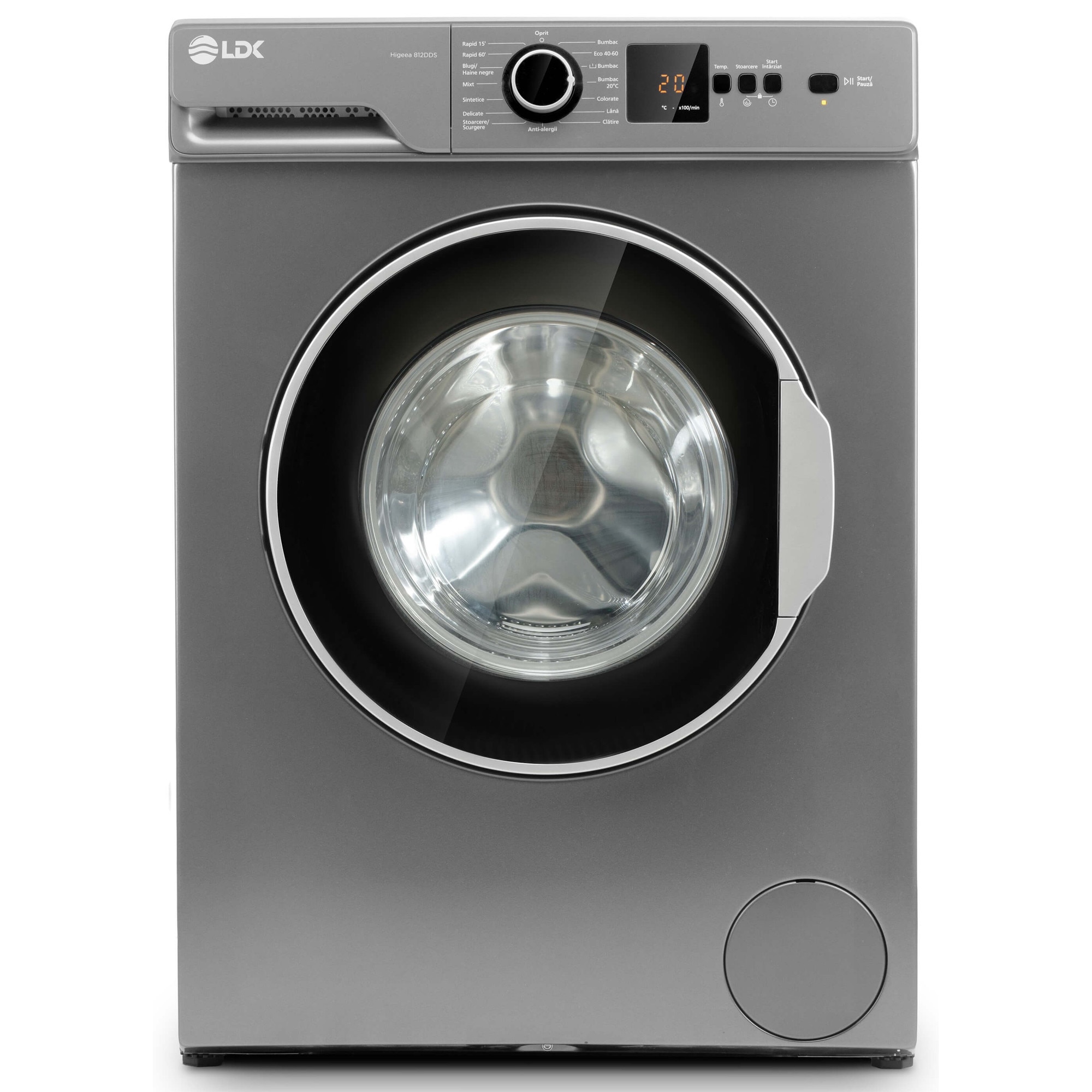 Masina de spalat rufe LDK Higeea 812DDS, 8 Kg, Clasa D, 1200 rpm, 15 programe, Anti-Alergic, Amanare pornire, Display LED, Argintiu