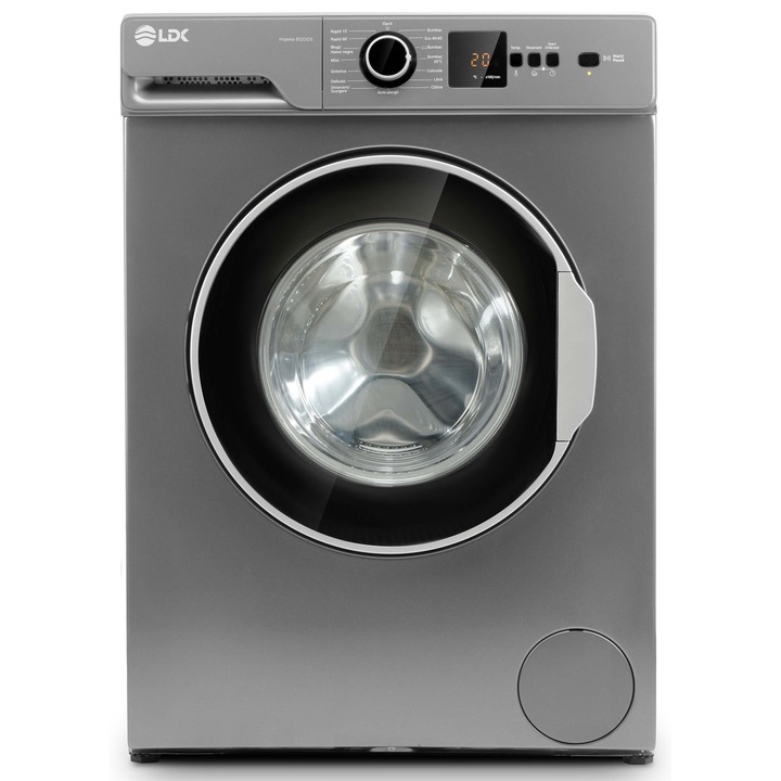 Masina de spalat rufe LDK Higeea 812DDS, 8 Kg, Clasa D, 1200 rpm, 15 programe, Anti-Alergic, Amanare pornire, Display LED, Argintiu