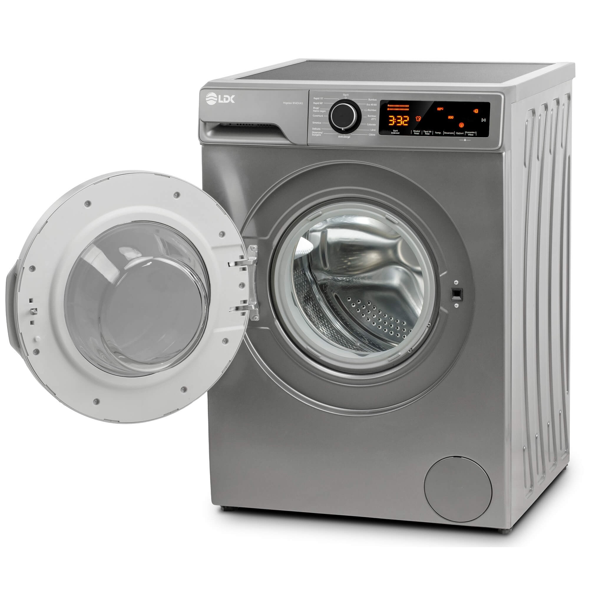 Masina de spalat rufe LDK Higeea 914DIAS, 9 Kg, Clasa A, 1400 rpm, 15 Programe, Anti-Alergic, Selectare nivel murdarie, Selectare tip pata, Prespalare, Amanare pornire, Calcare usoara, Motor inverter, Argintiu