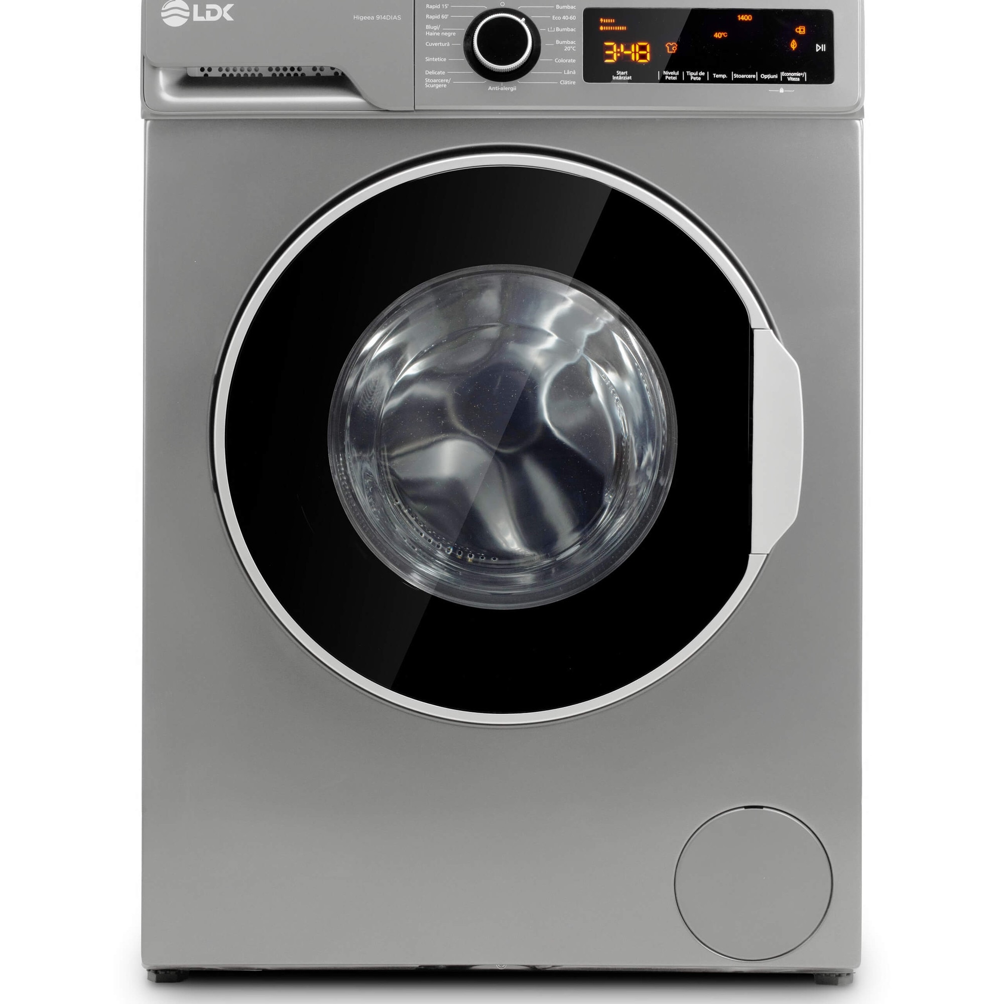 Masina de spalat rufe LDK Higeea 914DIAS, 9 Kg, Clasa A, 1400 rpm, 15 Programe, Anti-Alergic, Selectare nivel murdarie, Selectare tip pata, Prespalare, Amanare pornire, Calcare usoara, Motor inverter, Argintiu