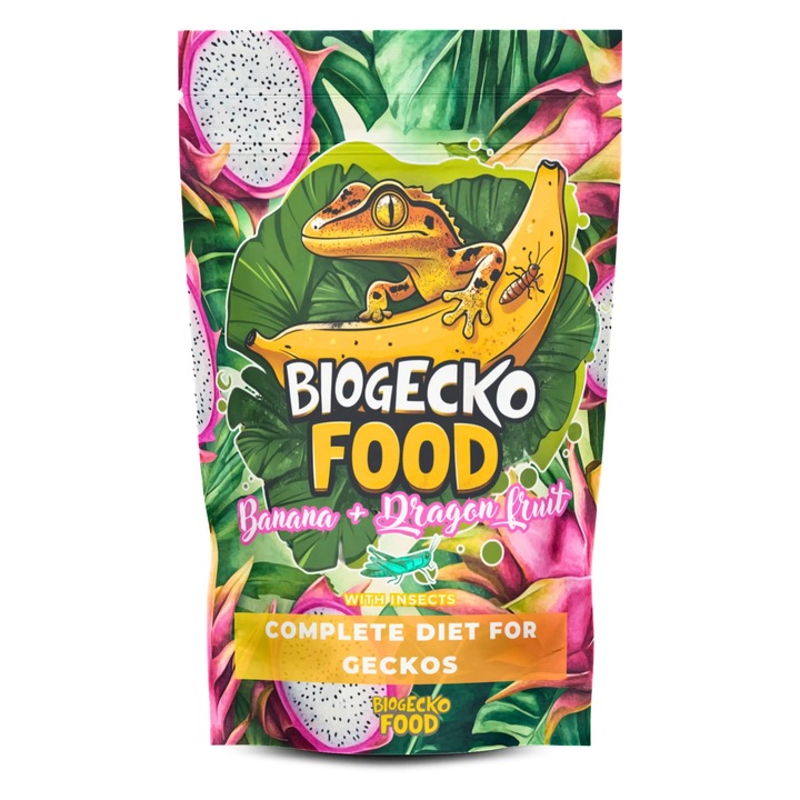 Комплект храна BioGecko - 100 г, пълноценна храна за плодоядни гекони, банан и драконов плод, без глутен, без добавки