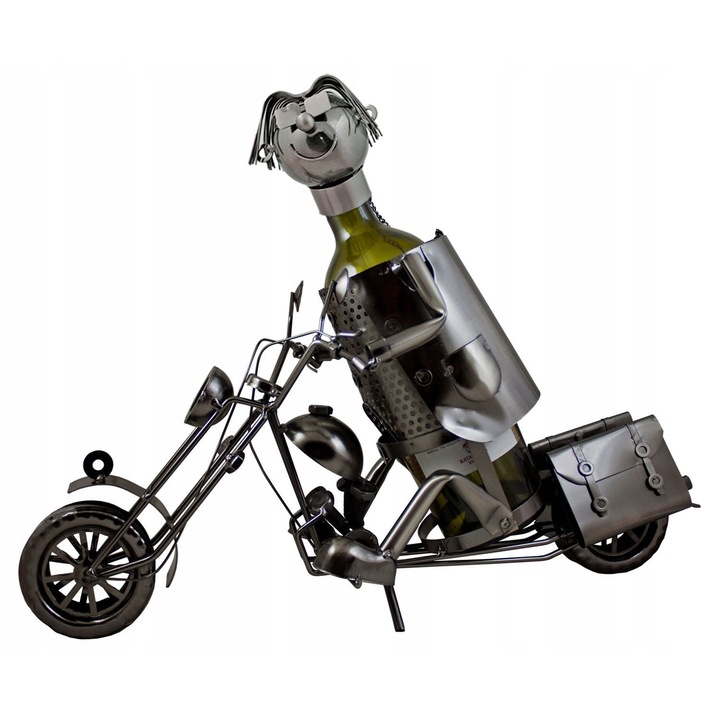 Suport Metalic Decorativ Sticla Vin 0.75L Design Motociclist Vintage, Cadou Ideal Barbati Pasionati Motociclete si Colectionari, Raft Unic Bar Acasa, Accesoriu Premium Elegant eMAG.ro