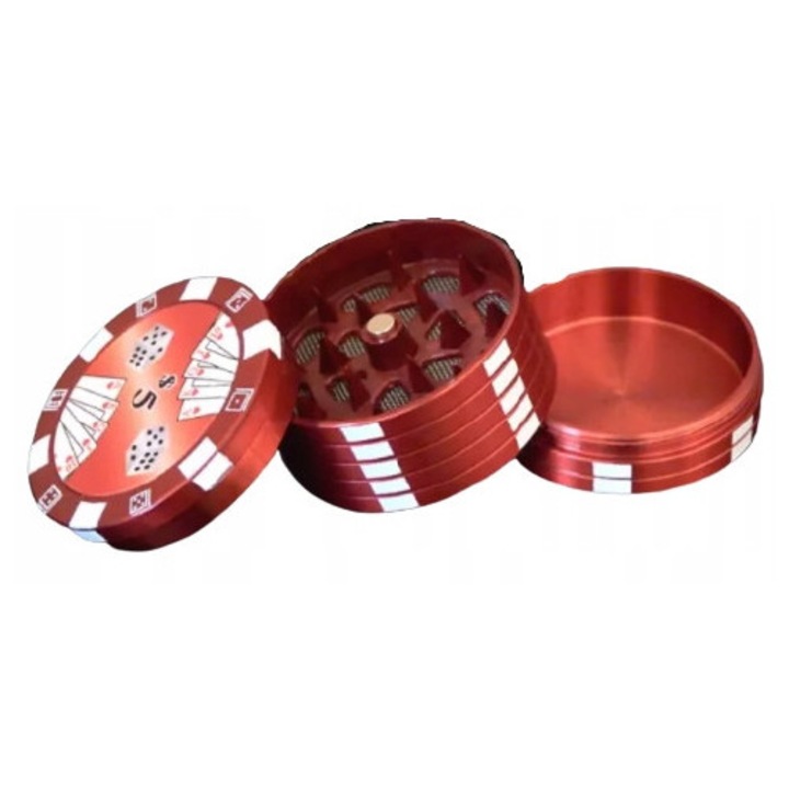Rasnita metalica pentru tutun Gentelo, 4,1 cm, design in forma de jeton poker, rosu