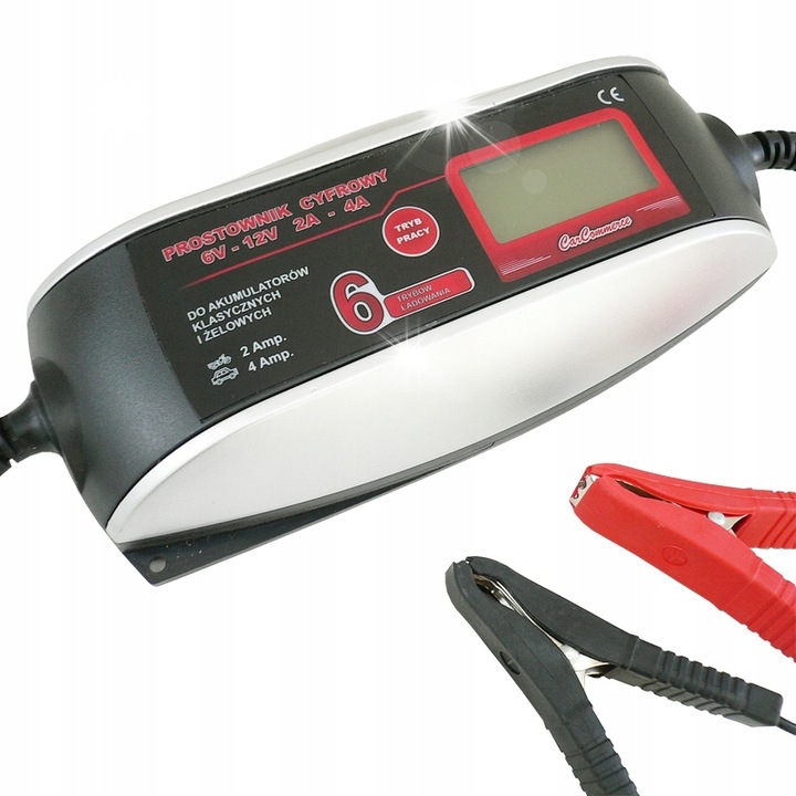 Digitális autós töltő Carcommerce 6V/12V, 2A/4A, LCD, túlterhelés elleni védelem, készlet
