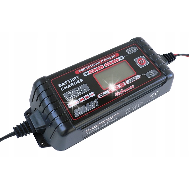 Carcommerce Autó akkumulátortöltő 12V/24V 6A, túlterhelés elleni védelemmel, méretek 21,8x8,8x4,8cm