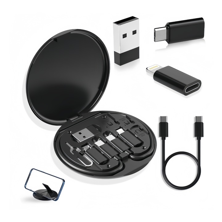 Кабел за бързо зареждане 5 в 1, многофункционална кутия за съхранение, USB-A, USB-C, Lightning, micro-USB, 60W, 480Mbps, компактен, черен