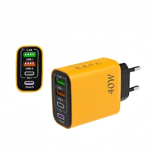 Incarcator rapid 4in1 pentru telefon, 40W, 2USB-C, 2USB-A, QC3.0, PD22W, PD3.0, PPS, incarcare rapida simultana fara scadere de viteza, Protectie inteligenta de siguranta, compatibil cu Apple/Samsung/ios/Android/tablete/casti/ceasuri, galben