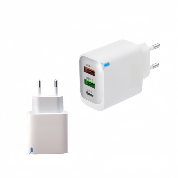 Зарядно 3 в 1, 30W, бял, 1xUSB-C 2xUSB-A