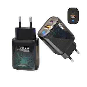 Incarcator super rapid 2in1 pentru telefon,30W, USB-C, USB-A, PD 22W, QC3.0, PD3.0, PPS, incarcare rapida simultana, protectie inteligenta de siguranta, PC+ABS, indicator luminos, Apple/Samsung/iOS/Android/tablete/casti/ceasuri, Mat translucid, negru