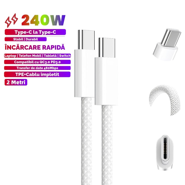 Cablu de incarcare super rapida 240W, Type-C la Type-C, PD 3.1, 480Mbps, 48V/5A, TPE/PVC, durabil, compatibil cu Samsung, Apple, tablete, laptopuri, drone; suport pentru transfer de date si sincronizare, Android Auto / Apple CarPlay, 2 metru, alb