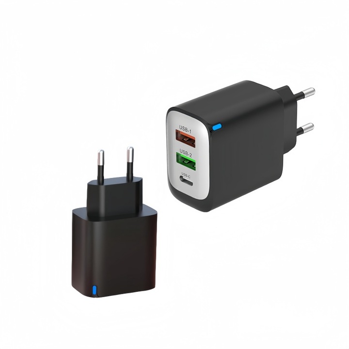 Incarcator super rapid 3 in 1 pentru telefon, 1 USB-C, 2 USB-A, PD25W, QC3.0, PD3.0, PPS, incarcare rapida simultana, protectie inteligenta de siguranta, indicator luminos, compatibil cu Apple/Samsung/iOS/Android/tablete/casti/ceasuri, negru