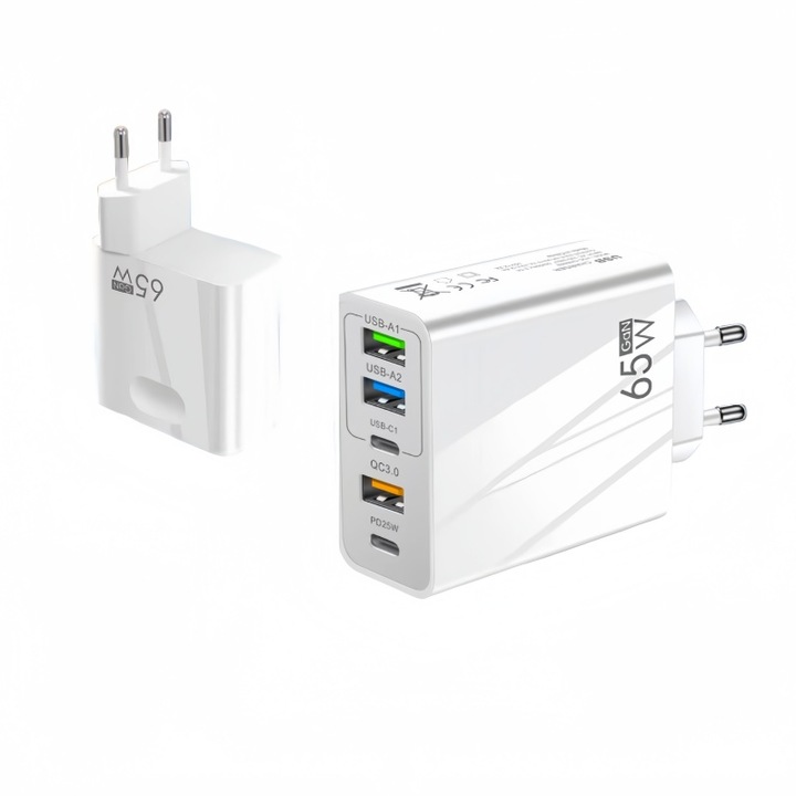 Бързо зарядно устройство 5в1 за телефон, 65W, 2USB-C, 3USB-A, QC3.0, PD3.0, PPS, 3.1A, едновременно бързо зареждане без намаляване на скоростта, интелигентна защита за безопасност, Apple/Samsung/iOS/Android/таблети/слушалки/часовници, бял