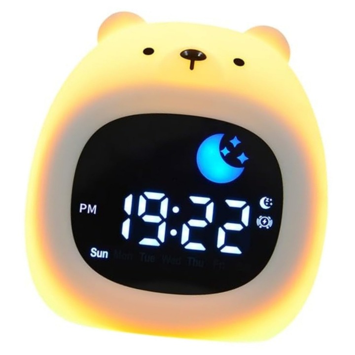 Inteligens digitális ébresztőóra gyerekeknek, 8 szín, 6 altatódal, 5 hangerő, 2 ébresztési mód, Érintésvezérlés, 5 fényerő-beállítás, Puha szilikon, Akkumulátor, Fehér, 1800mAh-s akkumulátorral működik, Medve alakú