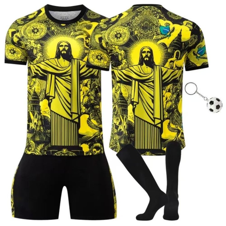 Echipament sportiv copii, Braziliei editie speciala, MzcrJosv ®, Sezonul 2025/2026, Tricouri de Joc si Antrenament, Ideal pentru Cadouri, Breloc, Sosete incluse, Poliester, Baiat/Fata, pentru copii 4-14 ani, Negru/Galben, Multicolor