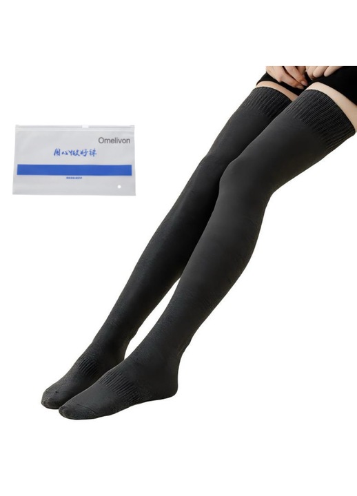 Sosete dama, lungi peste genunchi, Negru， Omelivon®, Material bumbac，Calduros iarna, respirabil vara, moale si respirabil，Marimea 36-40EU, elasticitate pana la 100cm