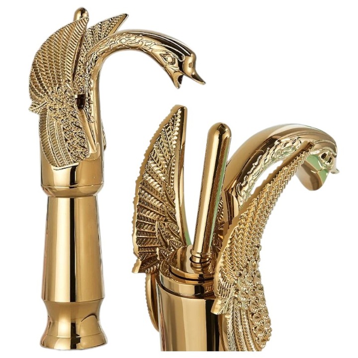 BisDesign® Fürdőszobai Mosdó/Kád Csaptelep, Prémium Anyag, Fényes Arany Bevonat, Swan Modell, 29 cm Méret