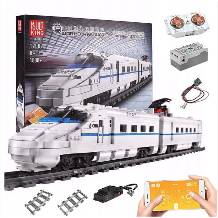 Комплект строителни блокчета Mould King, бял електрически влак, 1808 части, дистанционно управление, 120x20x5см