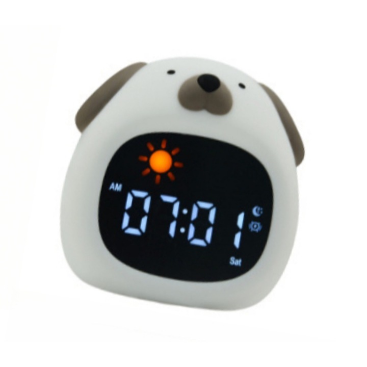 Intelligens digitális ébresztőóra gyerekeknek, 8 szín, 6 altatódal, 5 hangerőszint, 2 ébresztési mód, Érintésvezérlés, 5 fényerő-beállítás, Puha szilikon, Akkumulátor, Fehér, 1800mAh-s akkumulátorral működik, Kutyaforma