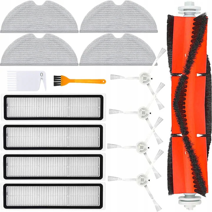 Комплект от 15 аксесоара, съвместими с Xiaomi Roborock S5, S5 Max, S6, S6 Max, S6 MaxV, S6 Pure, S50, S55, S60, S65, E4, E25, E35, 1 четка за барабан, 4 странични четки с винт, 4 Hepa филтъра, 4 мопа от микрофибър, 2 почистващи аксесоара