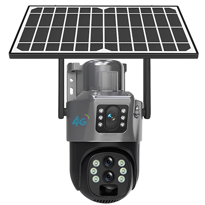 Kültéri 4G napelemes megfigyelőkamera, 8MP Ultra HD, napelemes gyorstöltéssel, IP66, PIR érzékelő, színes + infravörös éjjellátó, 2-irányú hang, 355°-os forgatás, sziréna, kártya/felhő – szürke