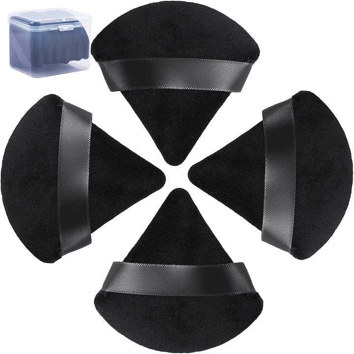 Set 4 aplicatoare machiaj triunghiulare, catifea, negru, 7.2x7x1.5cm
