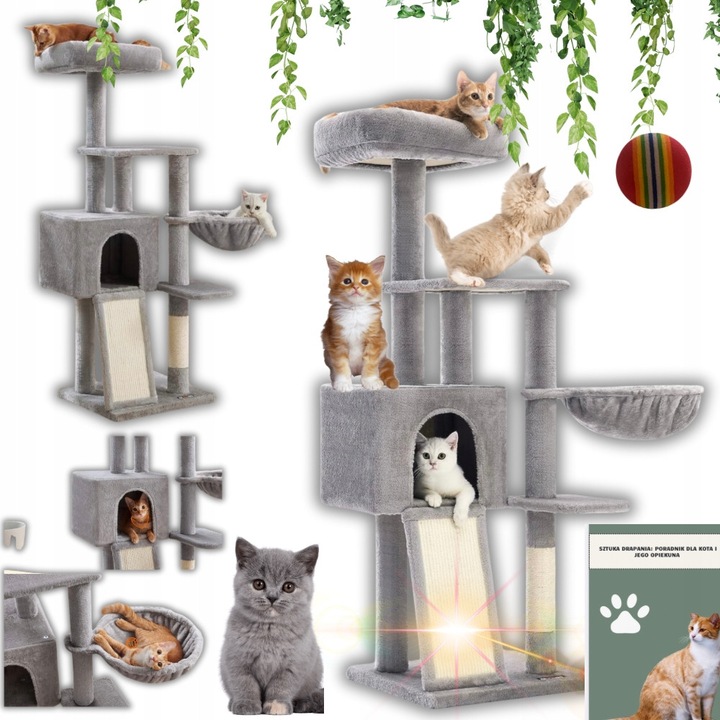 Drapak pentru pisici, multilevel, gri deschis, 46x41x135cm, set cu instructiuni de montaj