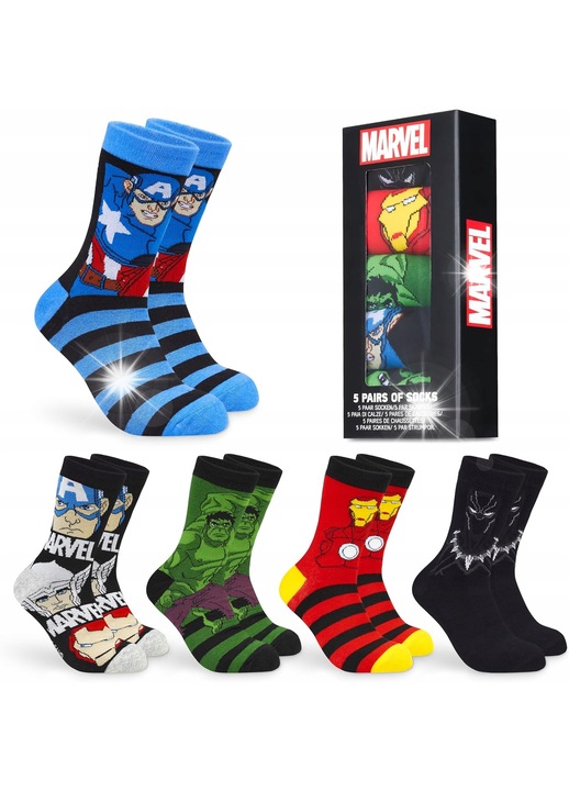 Мъжки чорапи Marvel, комплект 5 чифта, Железният човек и Капитан Америка, 40-43, многоцветни