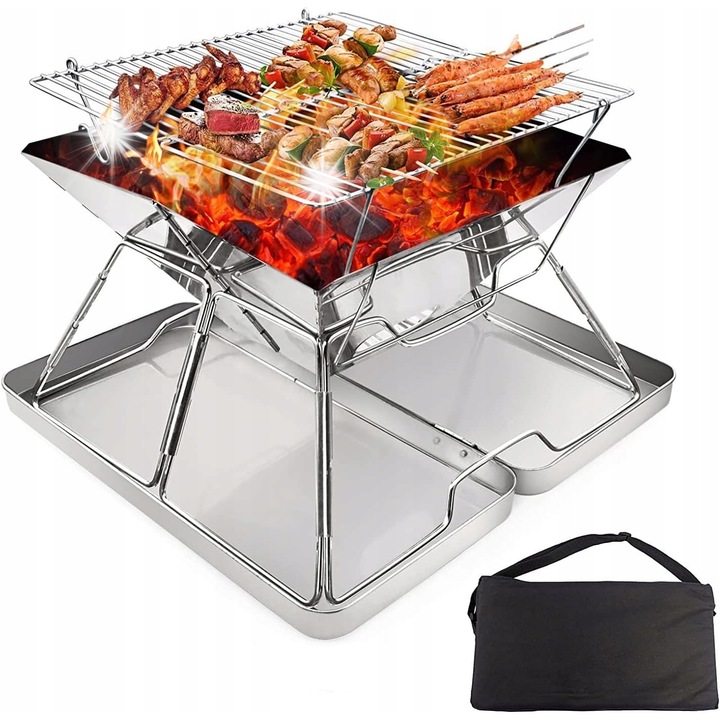 Скара и сгъваемо огнище от неръждаема стомана, 31x31x25см, пълен комплект, преносим