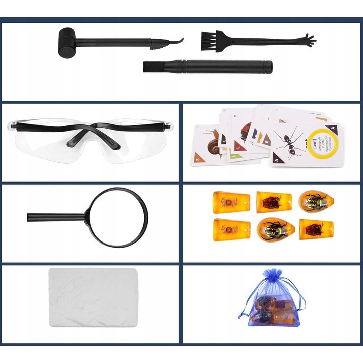Set 24 piese pentru micii arheologi, unelte de sapatura, 6 tipuri de minerale, material: rasina