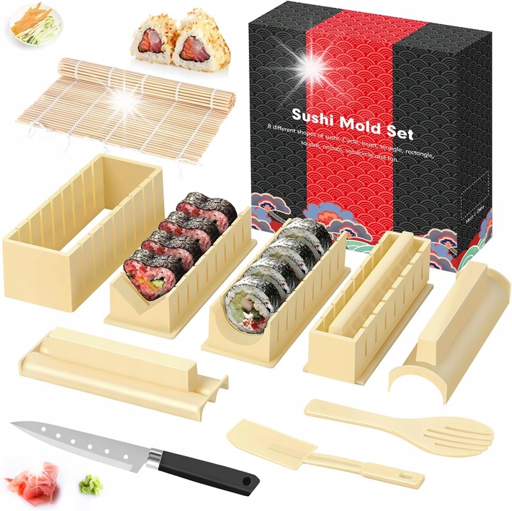 Комплект от 12 части за приготвяне на суши, рогозка, пръчици, нож