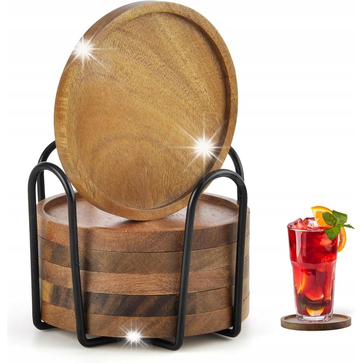 Akácfa poháralátét készlet, 6 darabos, 10,6x10,6x1cm méretű, fém tartóval, minimalista design